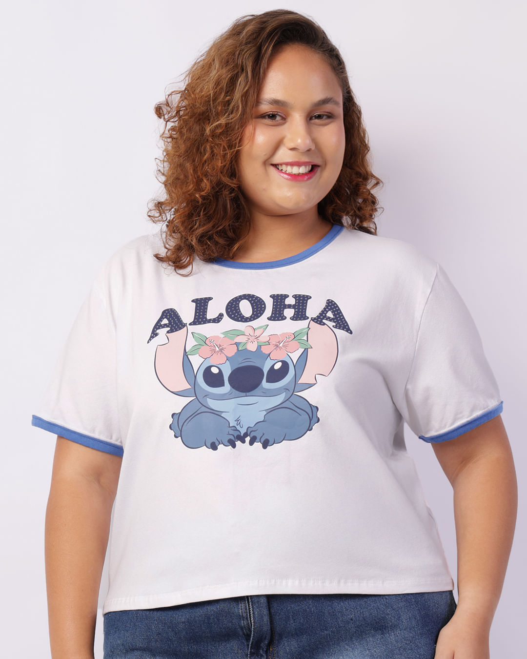 CAMPANHA PERSONAGEM - Camiseta Plus Size Disney Stitch Cropped Branca-1749068618621