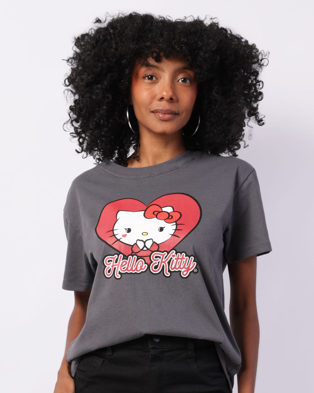 CAMPANHA PERSONAGENS Camiseta Feminina Hello Kitty Manga Curta Cinza-1749137544625