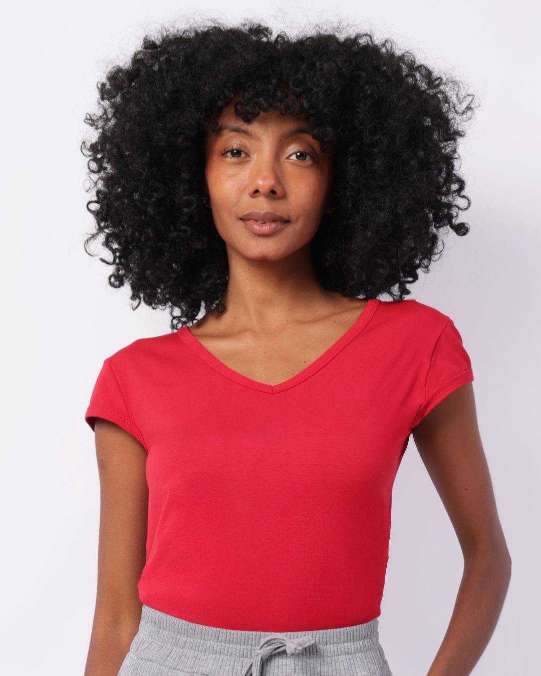 Blusa Feminina Manga Curta Decote V Básica Vermelha-1749138560957