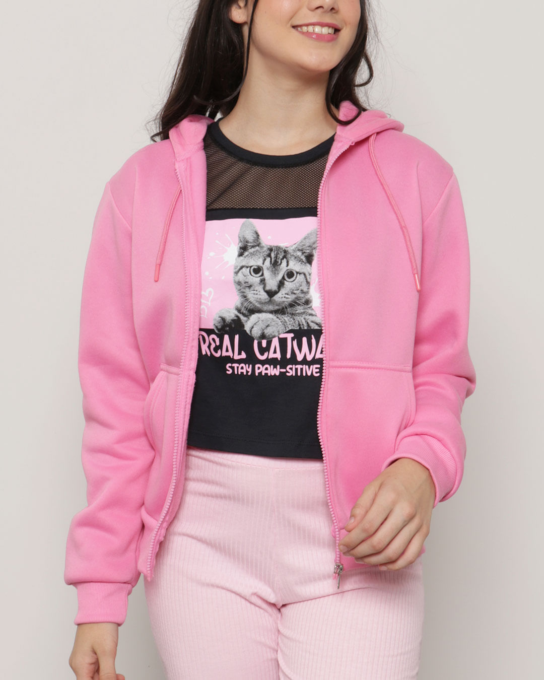 Jaqueta Moletom Juvenil Com Capuz Rosa-1749148075837