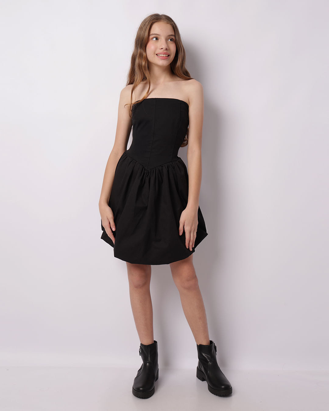 Vestido Sarja Juvenil Balonê Tomara Que Caia Vazado Preto