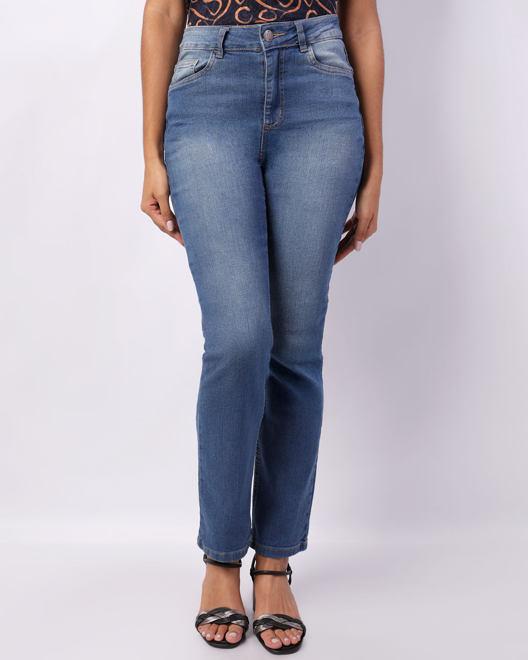 Calça Jeans Feminina Reta Com Bolsos Azul-1749556013582