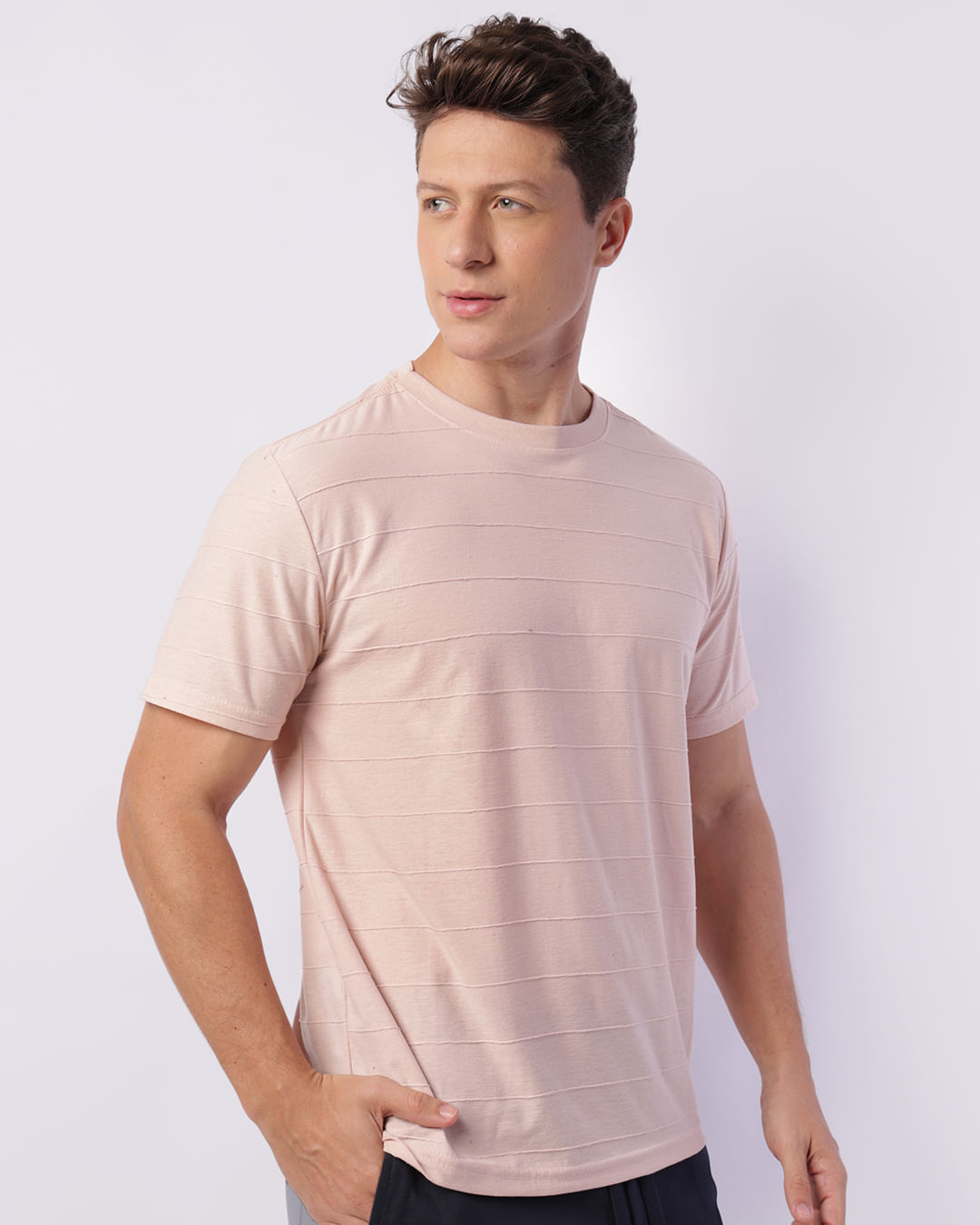 Camiseta Masculina Manga Curta Básica Listras Rosa
