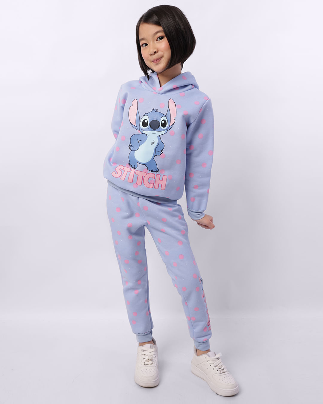 Calça Moletom Infantil Jogger Disney Stitch Estampa Poa Azul