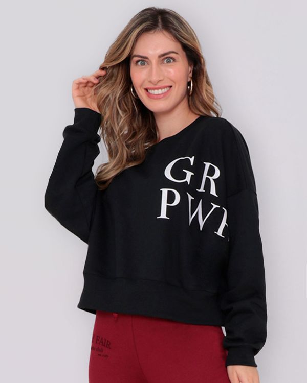 Blusão Feminino Cropped Moletom Girl Power Preta GG