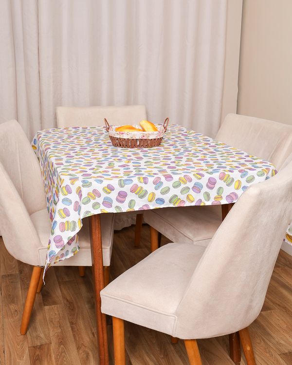 Toalha De Mesa Teka Quadrada 140cm x 140cm Estampa Macarrons Branca UN