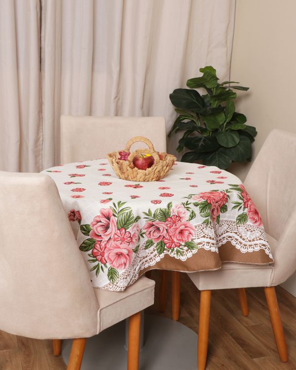 Toalha de Mesa Redonda Raner com Estampa Floral Off White UN