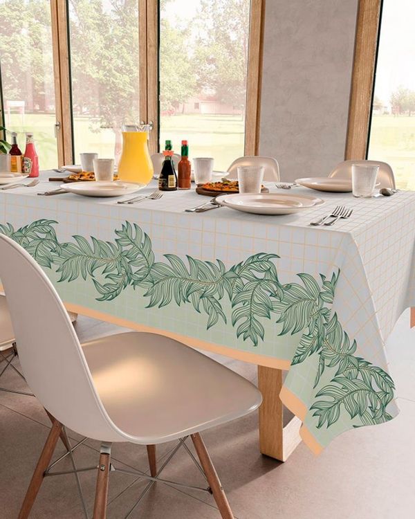 Toalha de Mesa Retangular Teka Floral e Xadrez Laranja UN