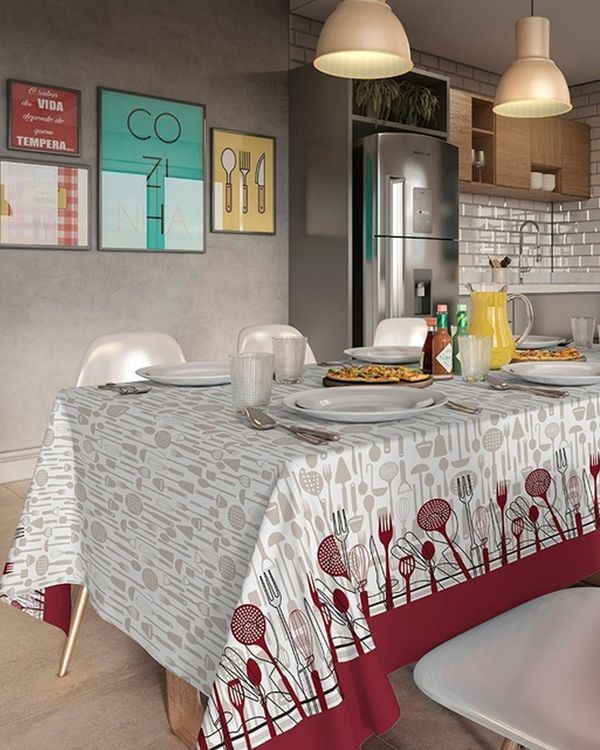 Toalha de Mesa Retangular Teka Talheres Cinza UN