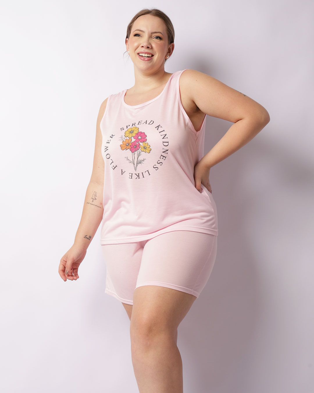 Pijama Plus Size Feminino Curto Estampa Flores Rosa