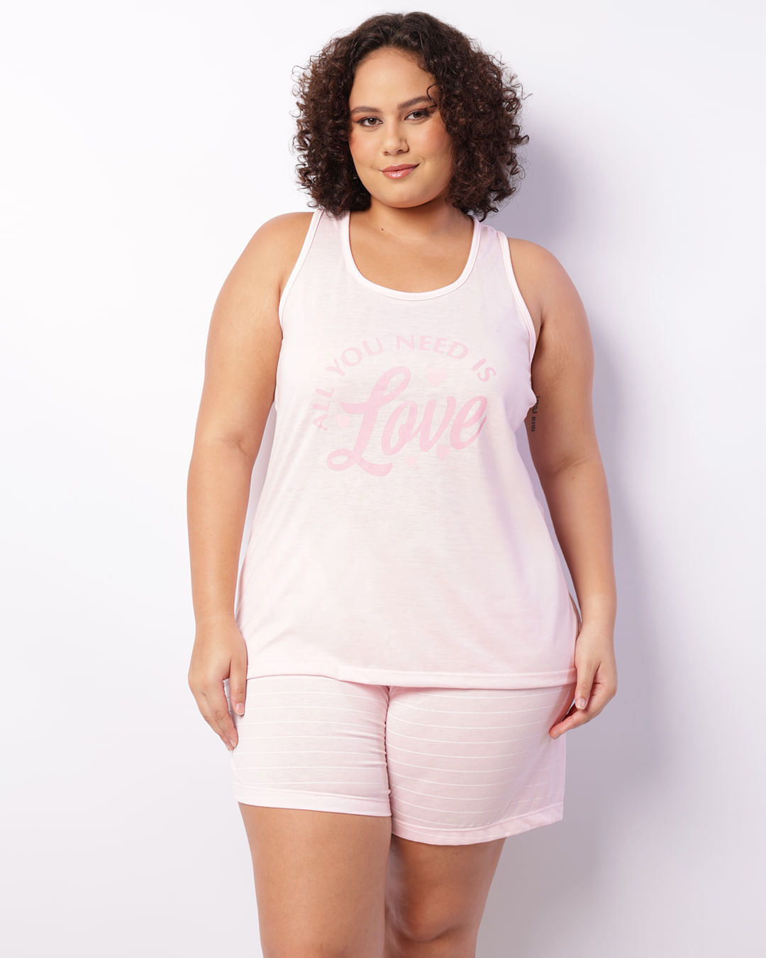 Pijama Plus Size Regata Feminino Curto Estampado Rosa