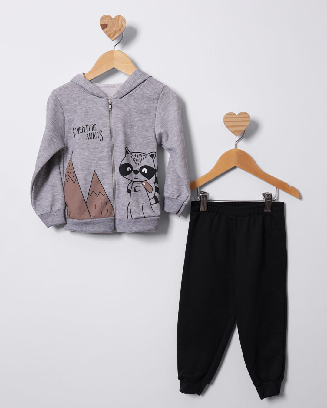 Conjunto Moletom Bebê Com Capuz Estampa Cinza