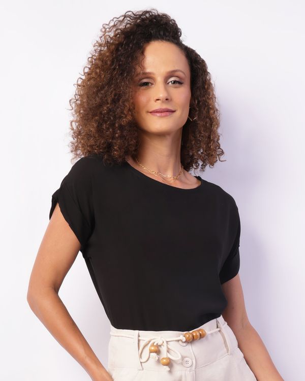 Blusa Feminina Viscose Manga Curta Dobrada Preta P