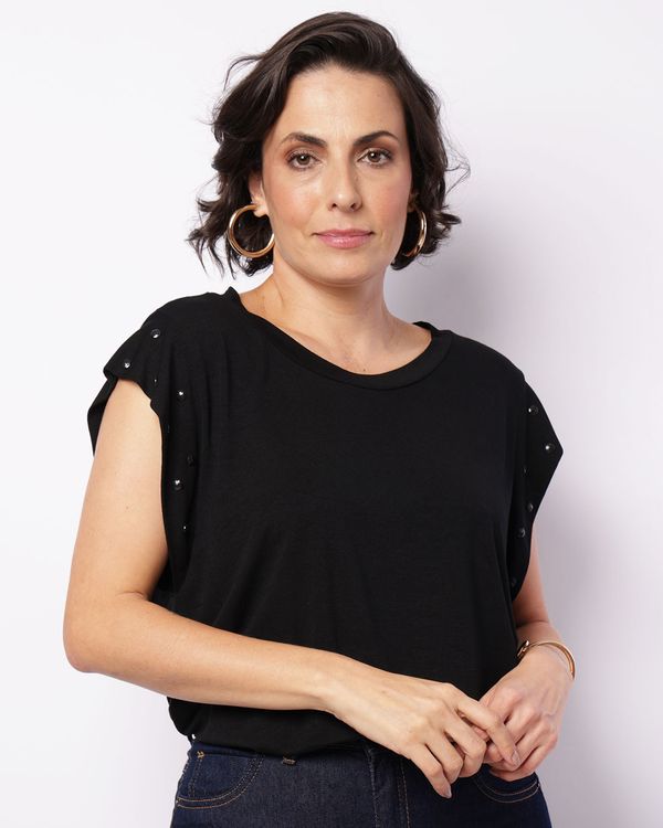 Blusa Feminina Manga Curta Botões Decorativos Preta P