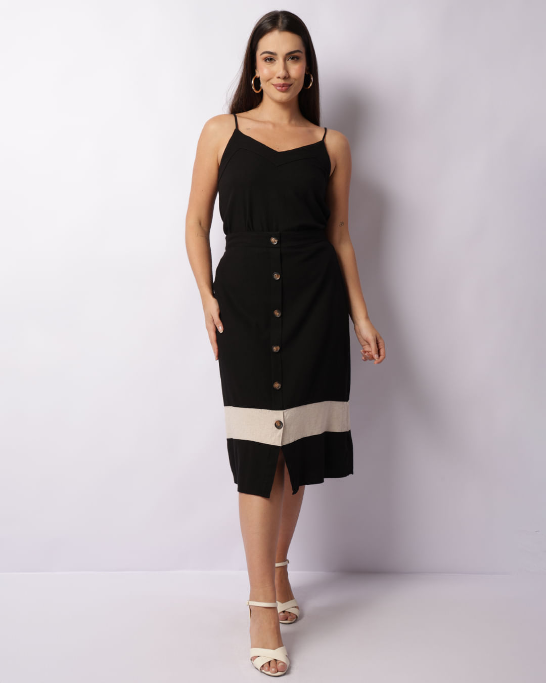 Saia Feminina Midi Viscolinho Recortes Com Botões Preto