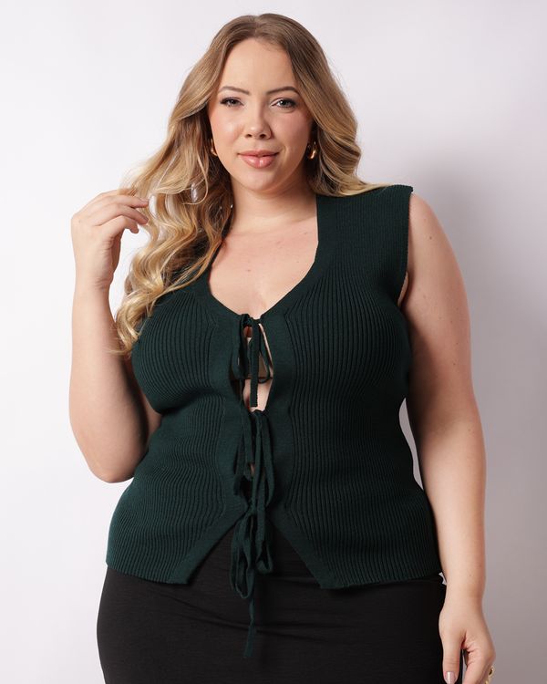 Colete Plus Size Feminino Tricô Decote V Amarração Verde G2