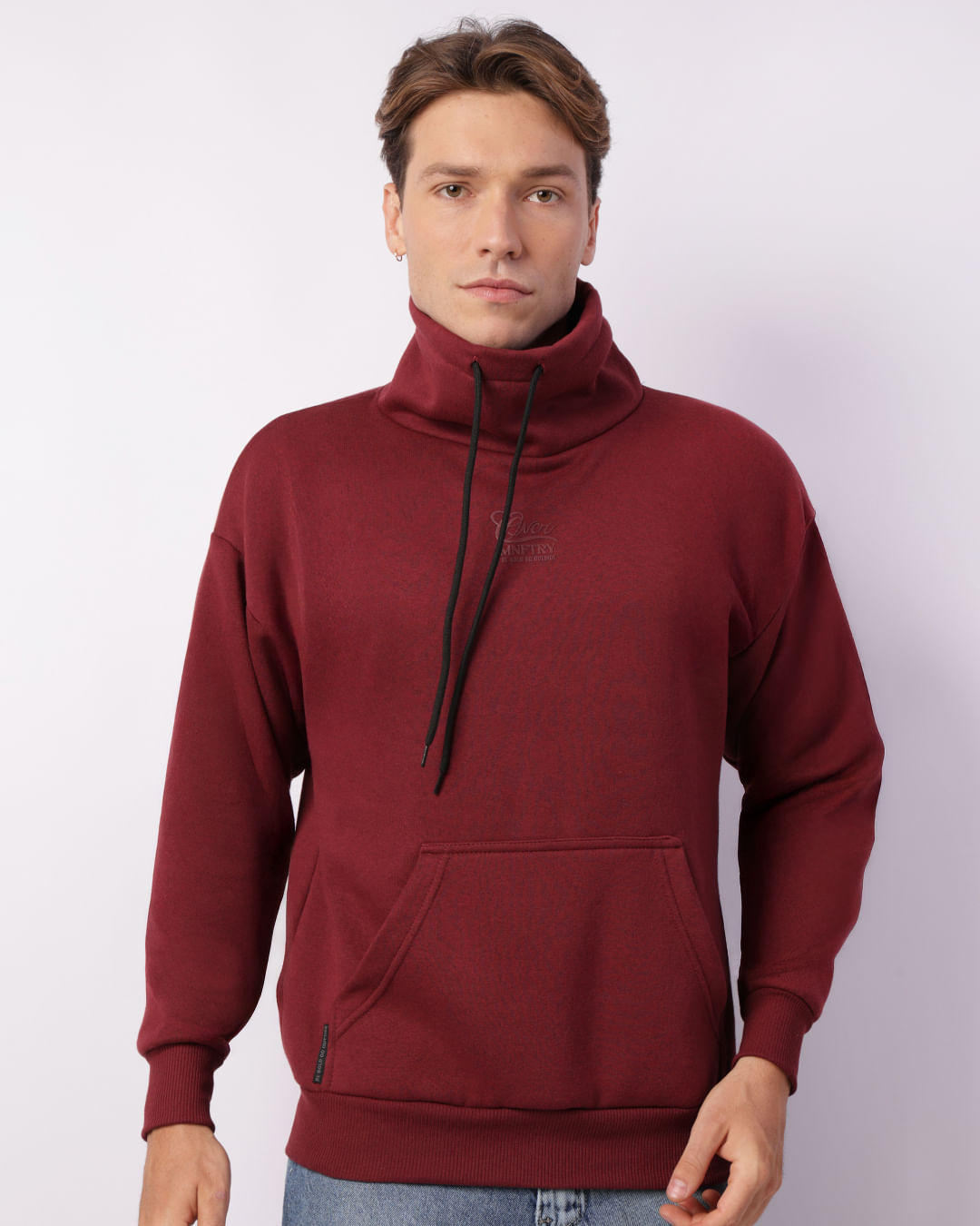 Blusão Moletom Masculino Gola Alta Bolso Canguru Vinho