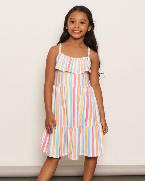 Vestido Infantil Kamylus Três Marias Listrado Com Babados Branco 4