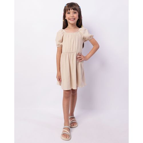 Vestido Infantil Curto Manga Curta Bufante Texturizado Bege