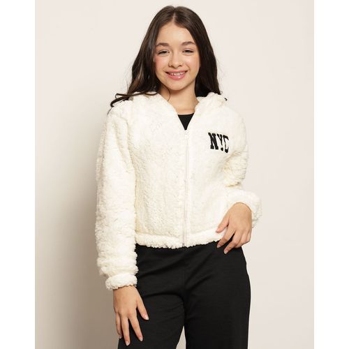 Jaqueta Cropped Juvenil Sherpa com Capuz Bordado Off White