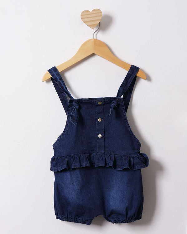 Jardineira Jeans Bebê Curta Balonê Com Babado Azul 3