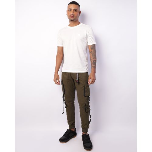 Calça Masculina Sarja Jogger Bolsos Cargo com Aplicações Street Verde