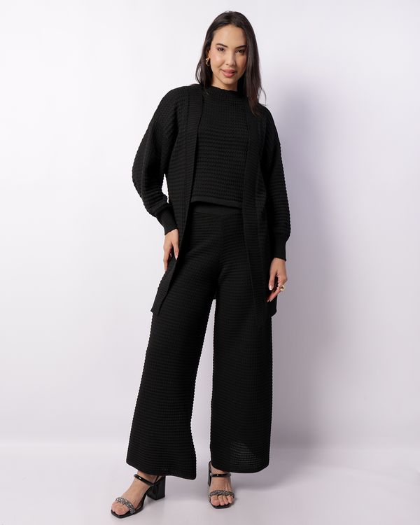 Calça Feminina Pantalona Tricô Maquinetada Preta GG