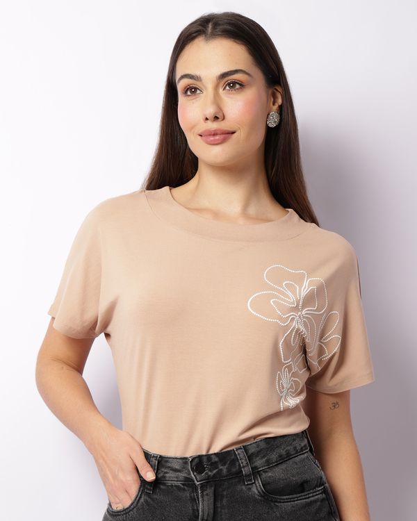 Blusa Feminina Manga Curta Aplicação Frontal Texturizada Bege M