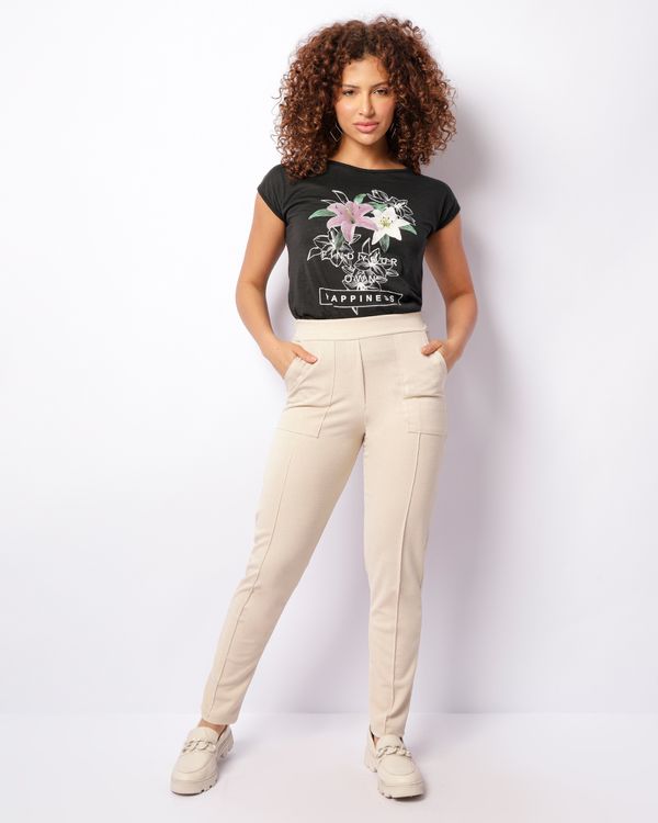 Calça Feminina Crepe Reta Com Bolsos Bege G