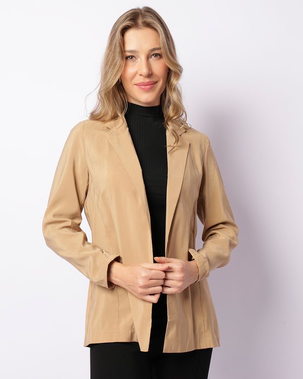 Blazer Feminino Berry & Co. Longo Viscose Decote Lapela Bege G