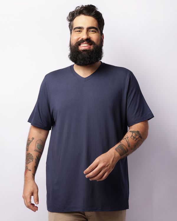 Camiseta Plus Size Masculina Manga Curta Básica Gola V Marinho G2