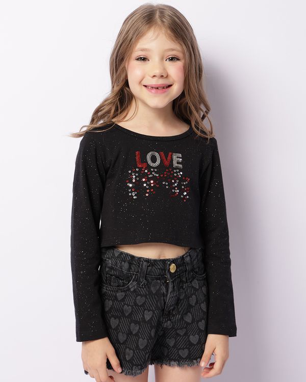 Blusa Infantil Cropped Manga Longa Bordado Paetê Preta 8