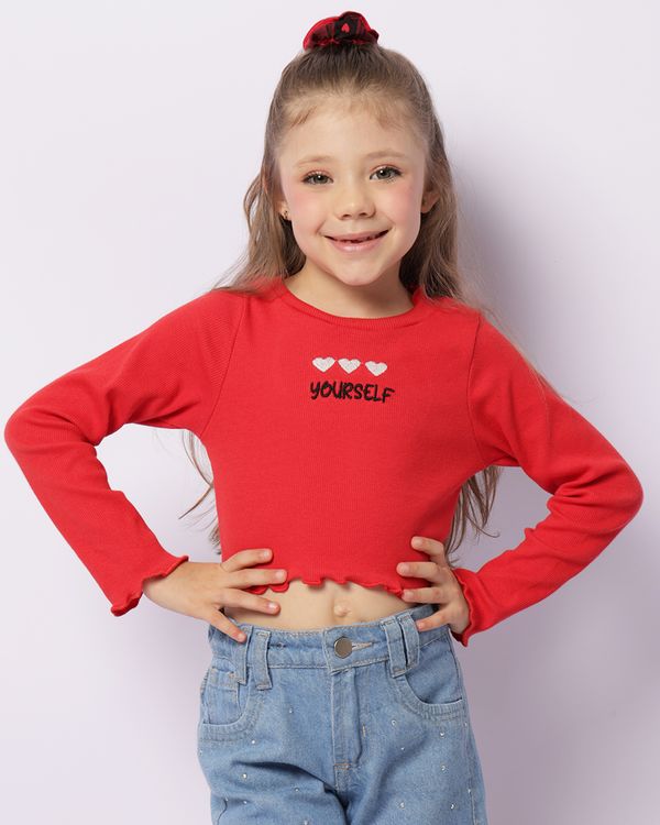 Blusa Infantil Cropped Bordado Frontal + Brinde Elástico De Cabelo Vermelha 10