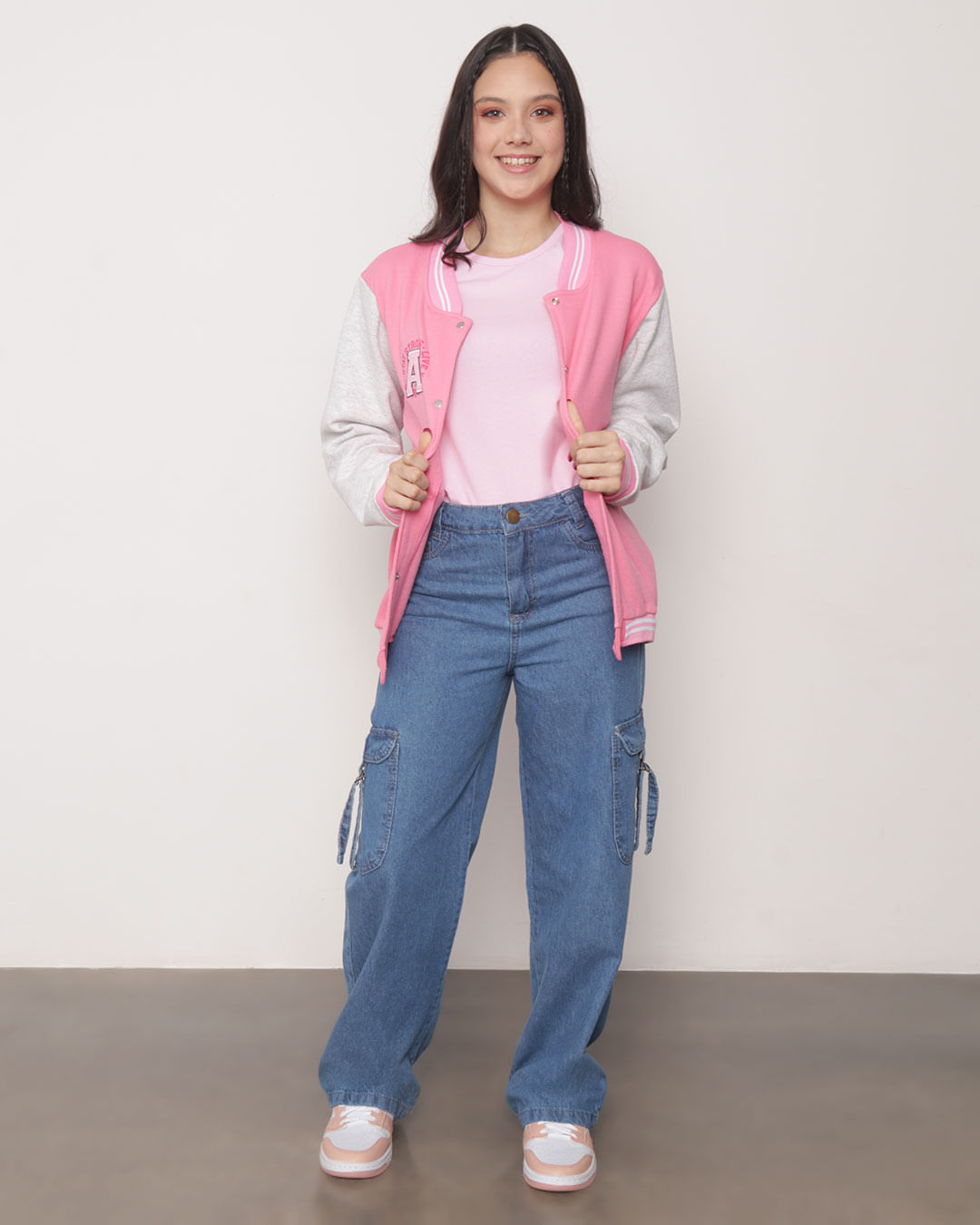 Jaqueta Juvenil Bomber Moletom Manga Longa Rosa-1751464536696