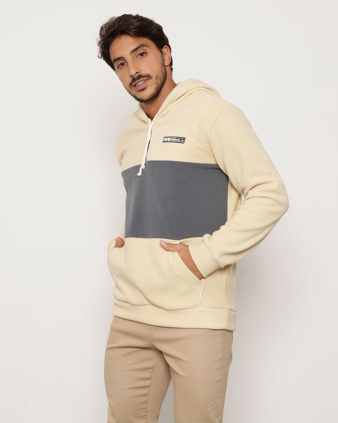 Blusão Masculino Fleece Gangster Bolso Canguru e Capuz Bege-1751465892263