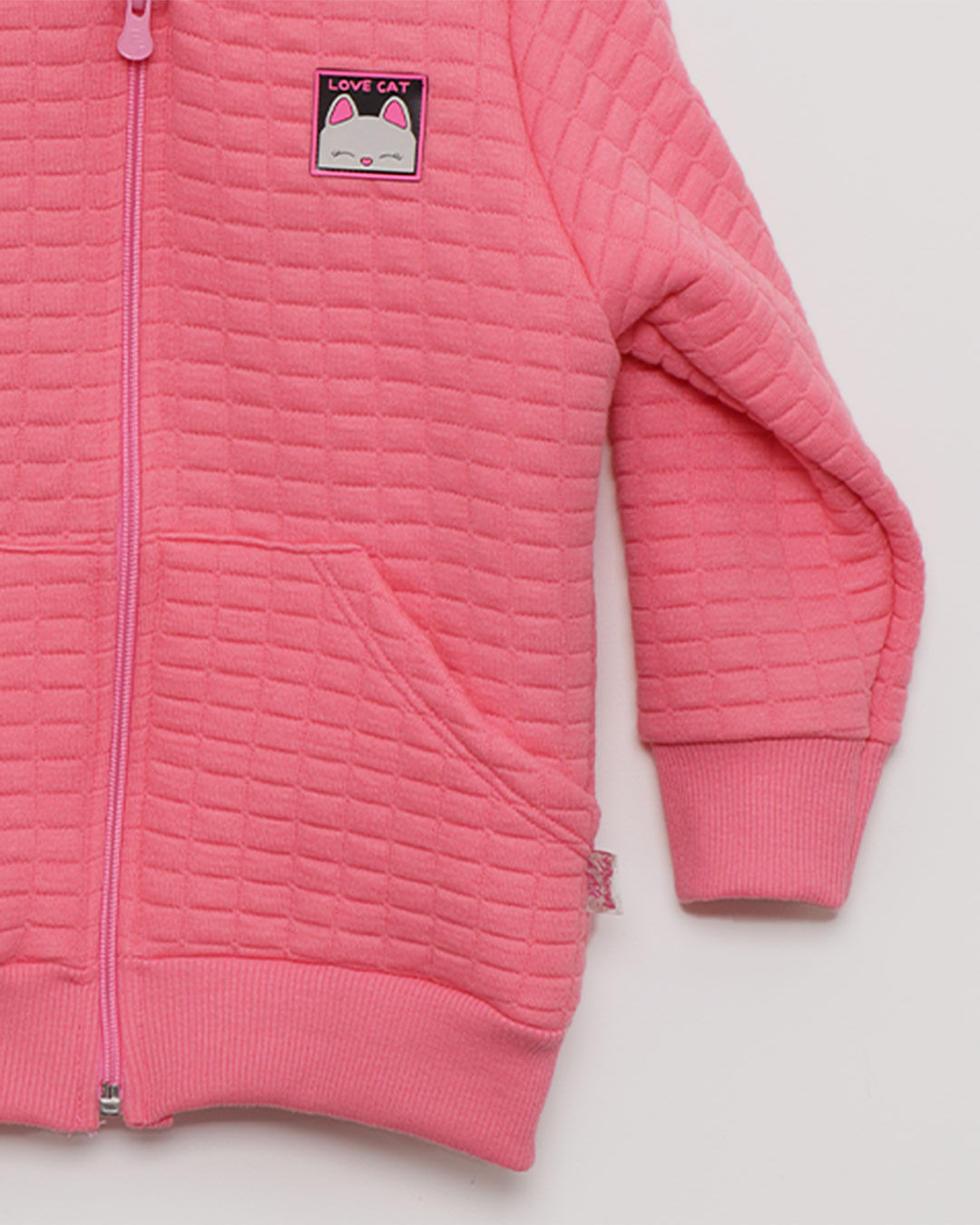 Jaqueta Moletom Bebê Matelassê Estampa Gatinho Bolsos Rosa-1751467164128