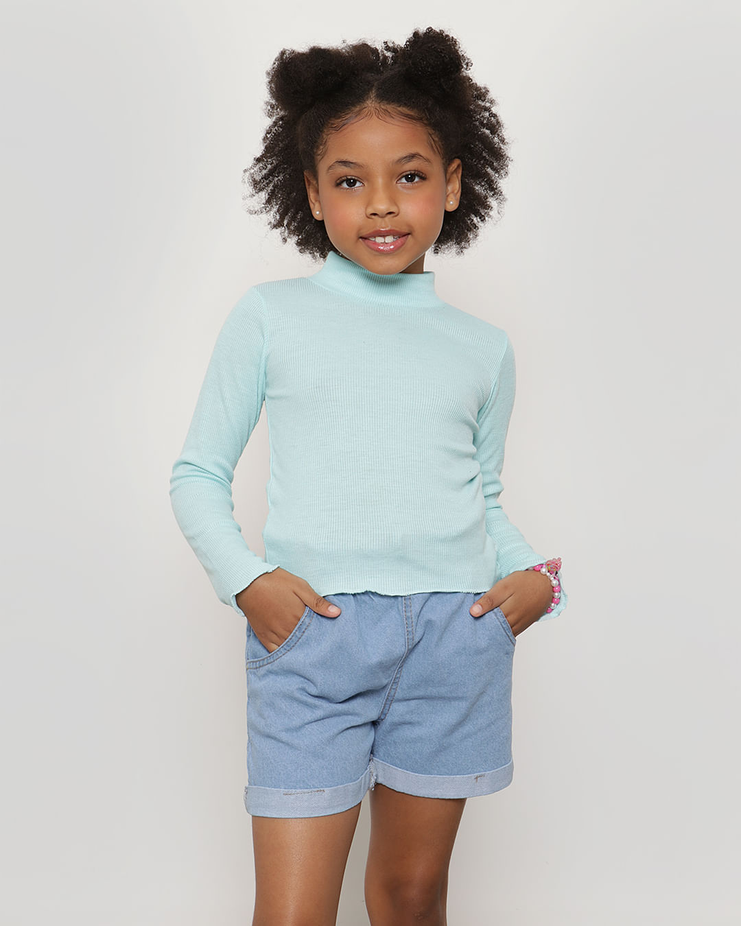 Blusa Infantil Gola Alta Canelada Frufru Básica Verde-1751469058720