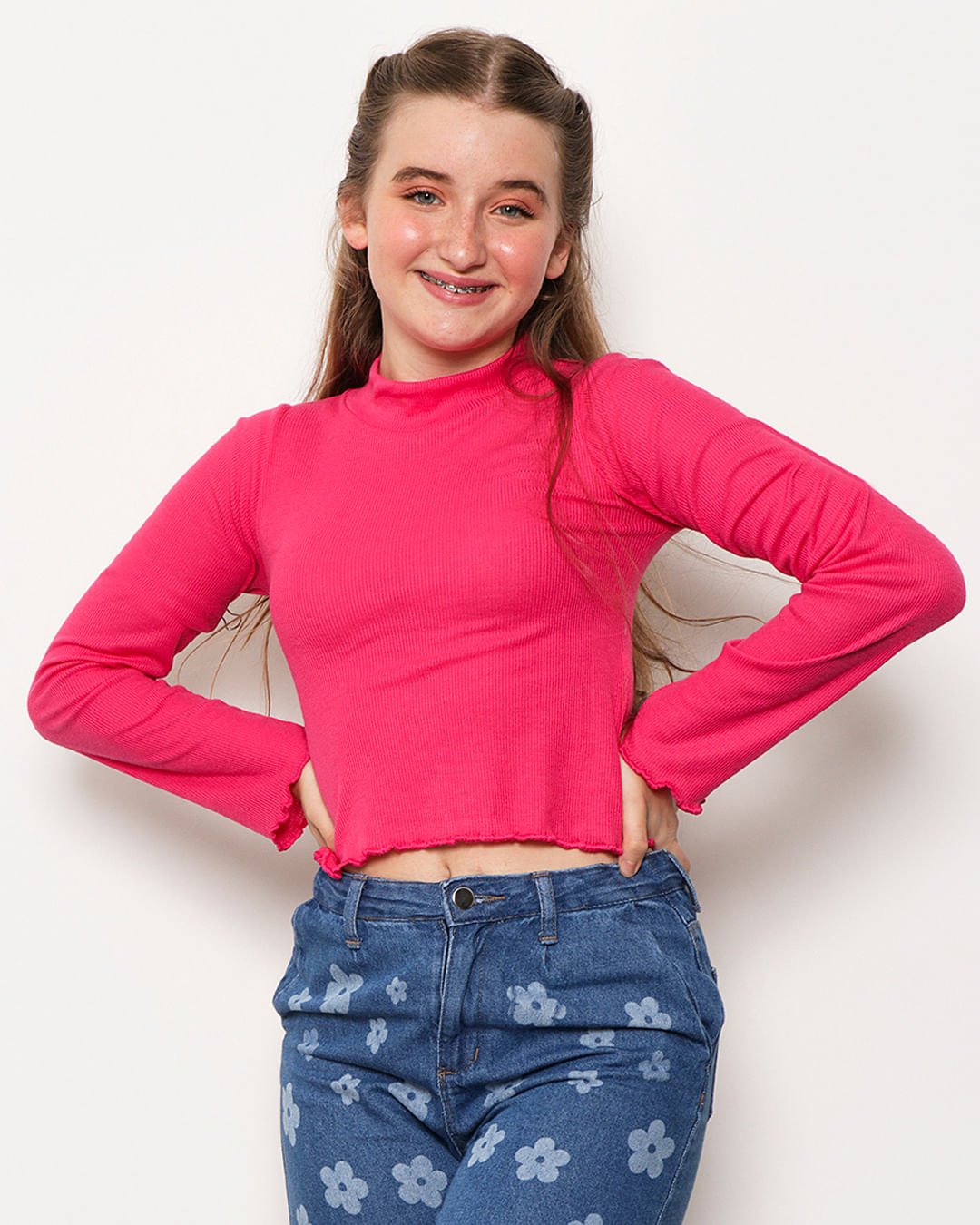 Blusa Juvenil Canelada Frufru Básica Rosa-1751470545581