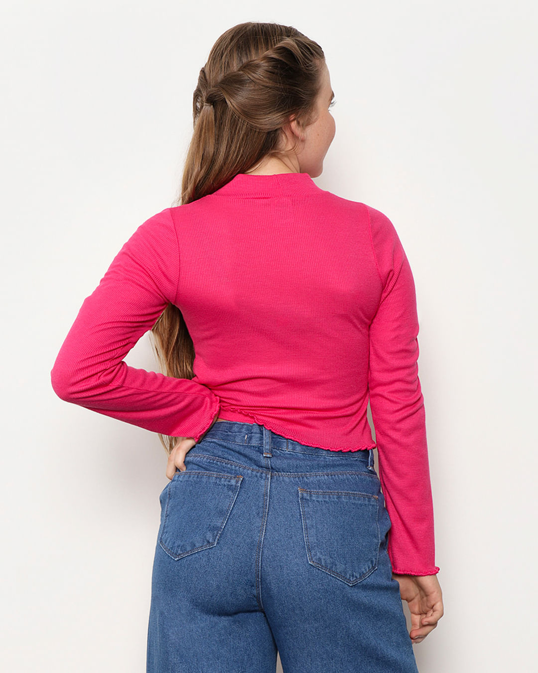 Blusa Juvenil Canelada Frufru Básica Rosa-1751470551284