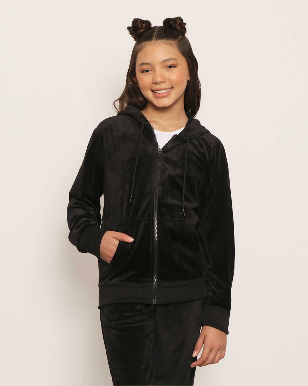 Casaco Juvenil Com Zíper e Capuz Plush Preto-1751471611866