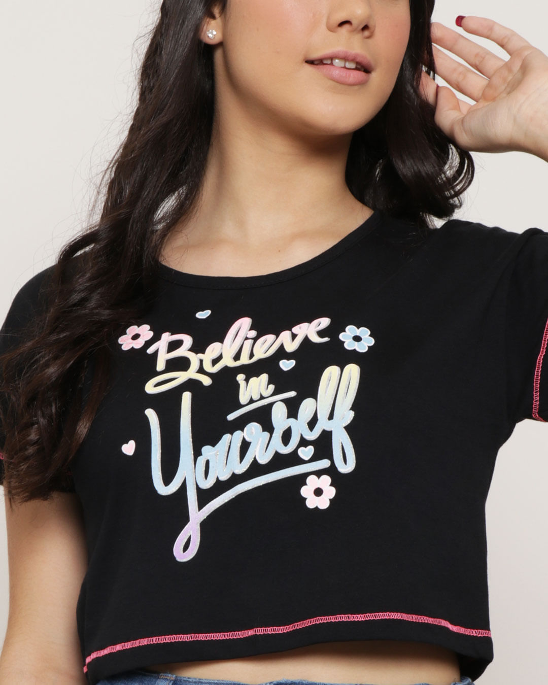 Blusa Juvenil Cropped Believe In Yourself Preta-1751471903968