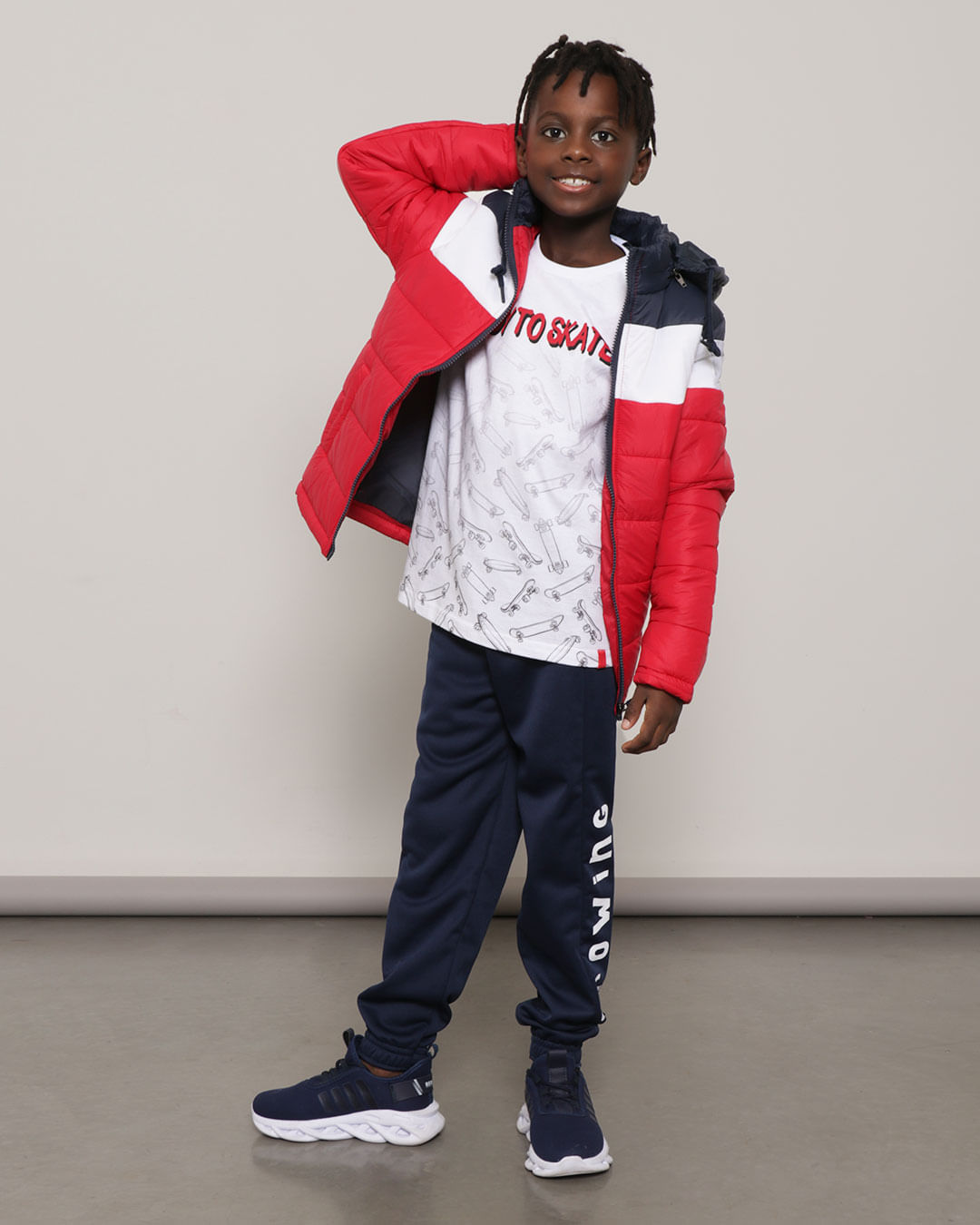 Jaqueta Infantil Puffer Capuz Com Recortes Vermelho E Marinho-1751472033475