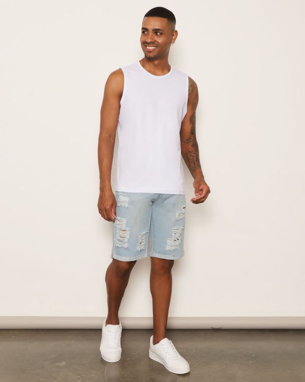 Bermuda Jeans Masculina Destroyed Barra Dobrada Azul 46