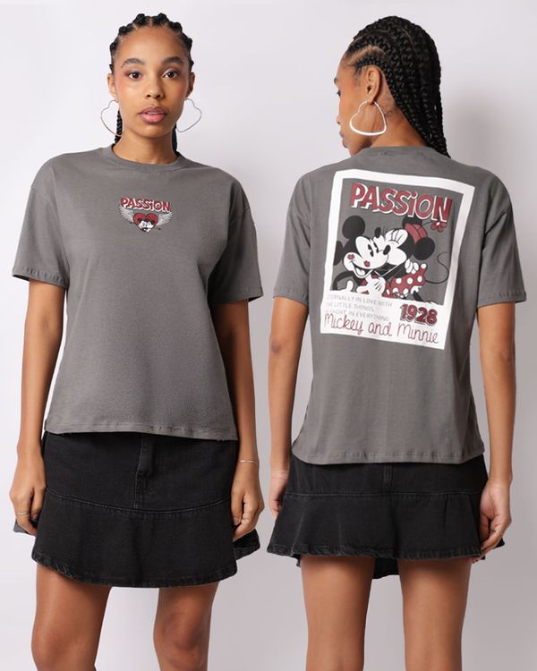 Camiseta Feminina Disney Mickey & Minnie Manga Curta Cinza GG