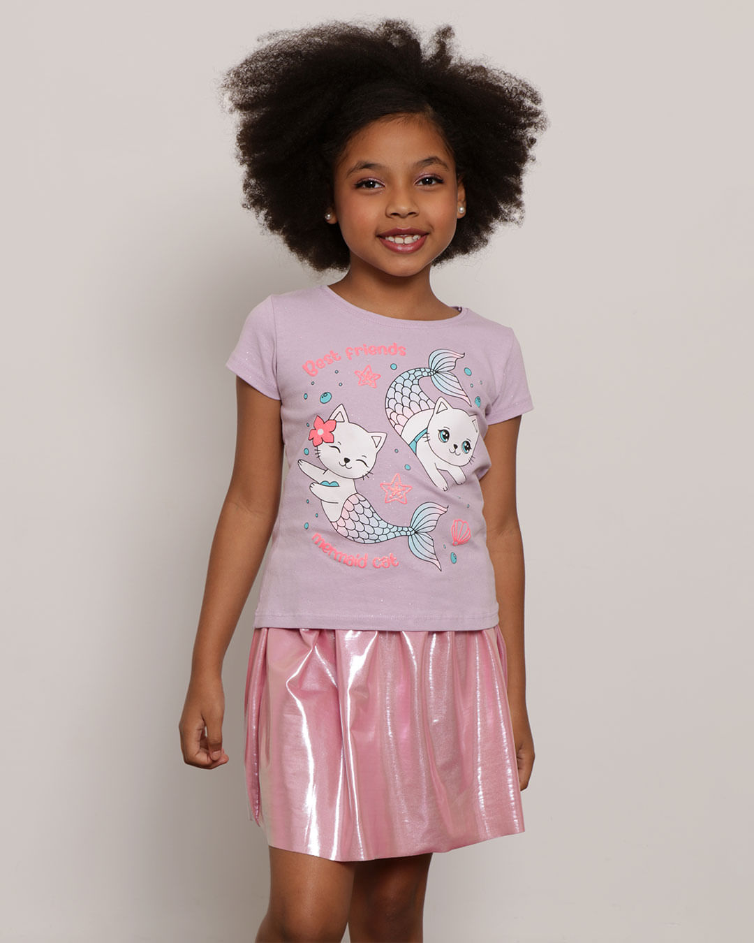 Blusa infantil Manga Curta Estampa Sereias Lilás-1751903211063