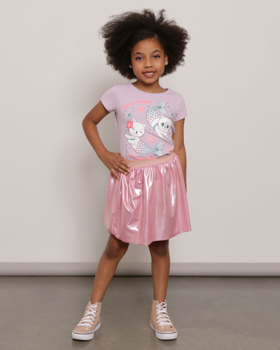 Blusa infantil Manga Curta Estampa Sereias Lilás-1751903287995