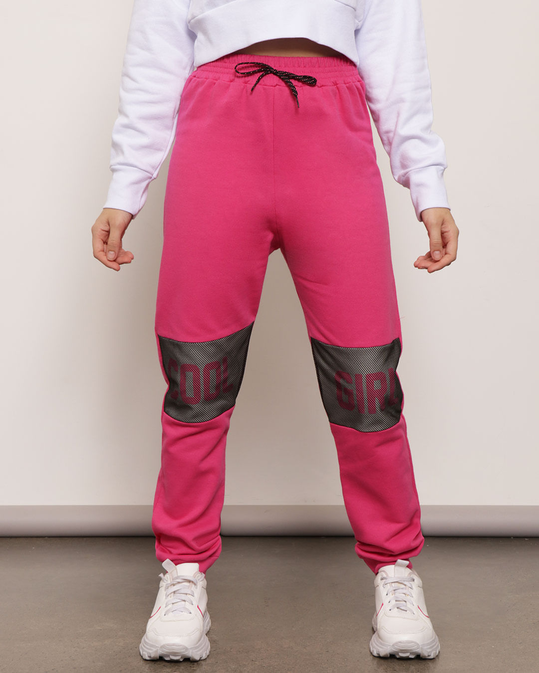 Calça Moletom Juvenil Cool Girl Com Recorte Telado Rosa-1751924192585