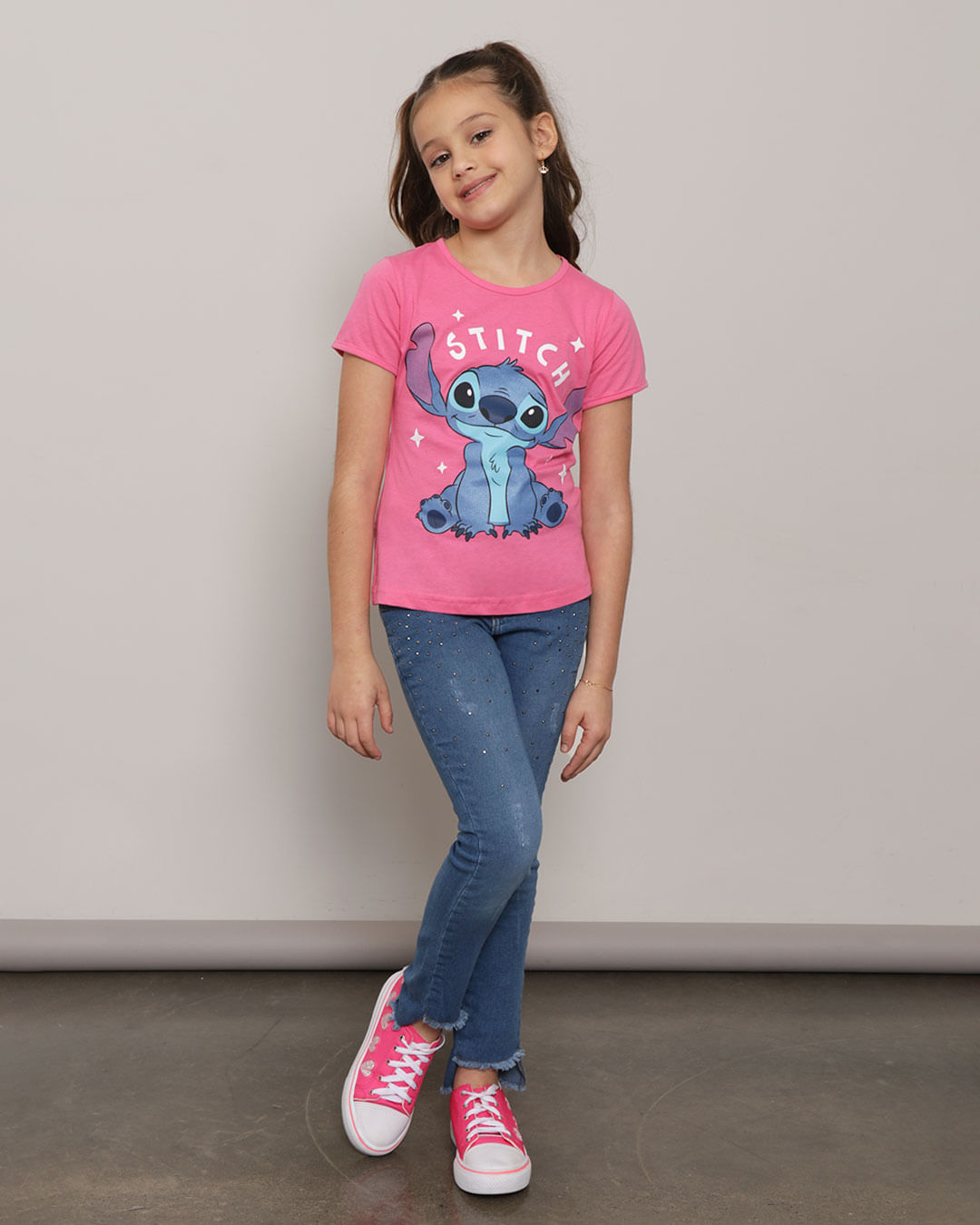 Blusa Infantil Disney Stitch Manga Curta Rosa-1751935335029