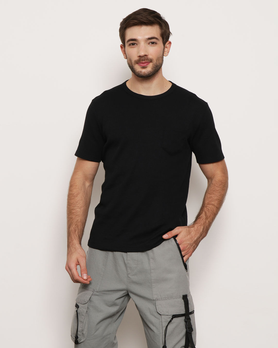 Camiseta Masculina Básica Manga Curta Texturizada Preta-1751935581613
