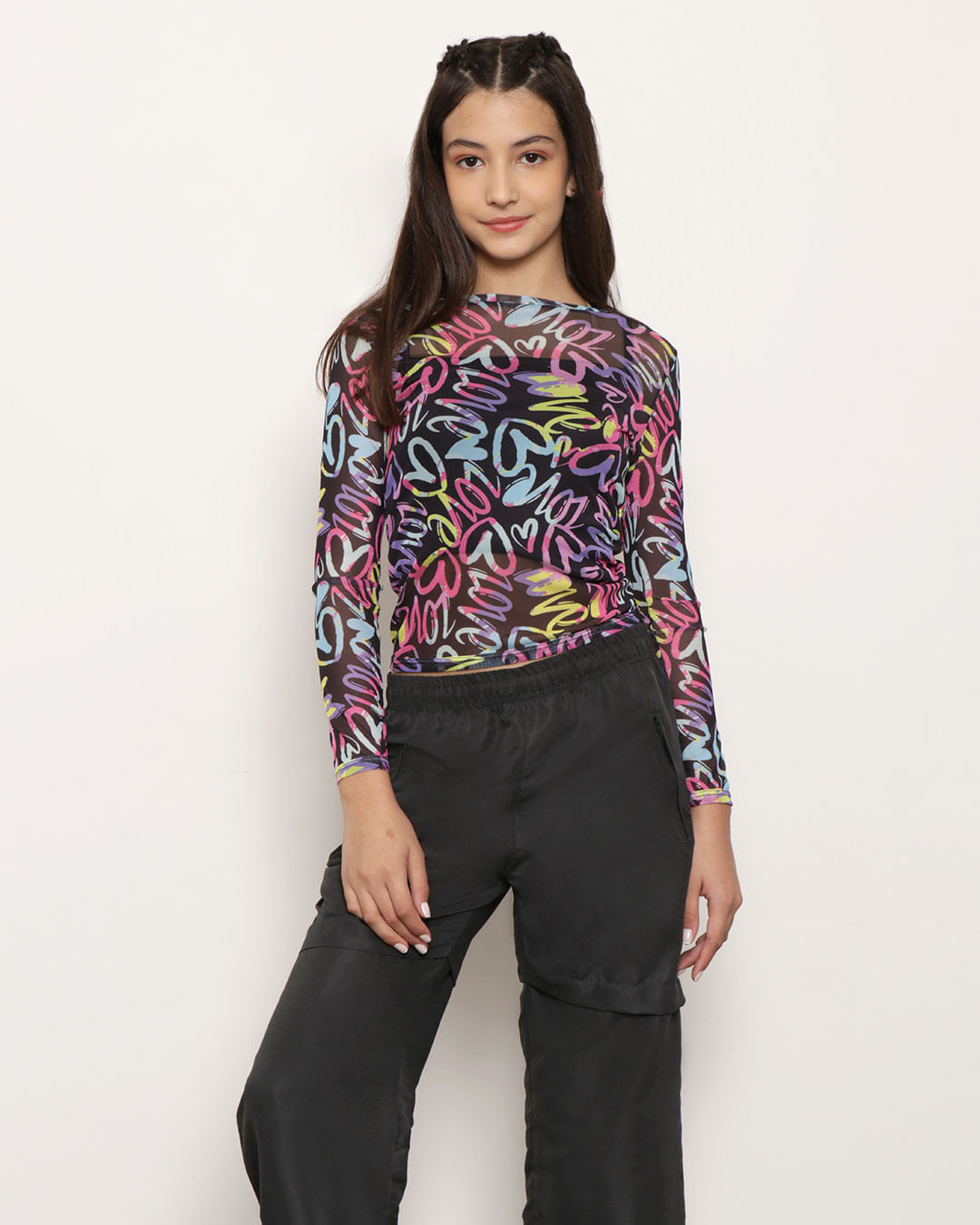 Blusa Juvenil Sobreposição Canelada Preta-1751975342755
